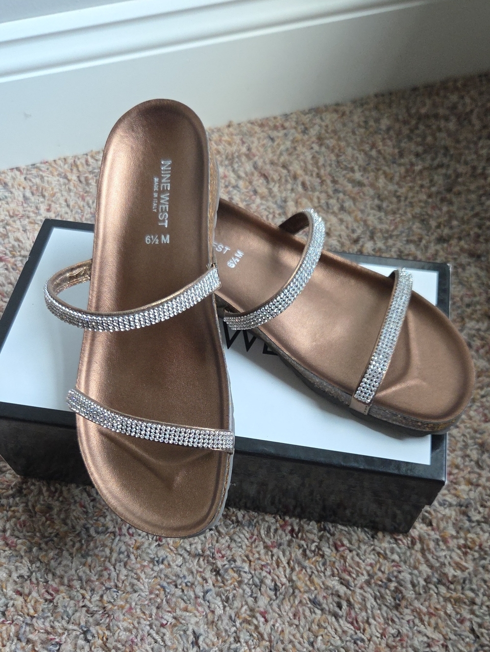Nine West Rose Gold Rhinestone Double-Strap Slide Sandals